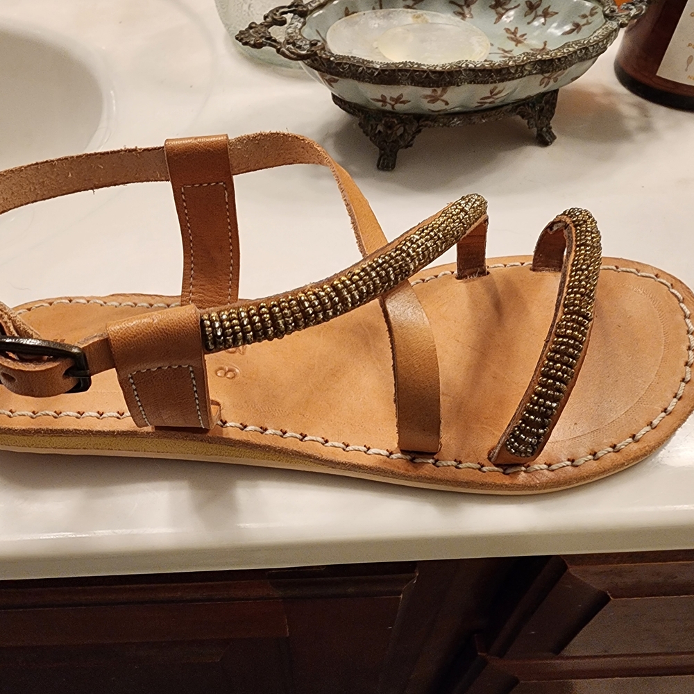 Elegant Tan Sandals with Beaded Straps